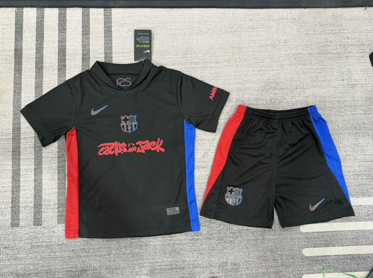 Kids Limited Edition Cactus Jack FC BARCELONA X TRAVIS SCOTT 24/25 Fan Version Away Soccer Jersey (Shirt & Shorts)
