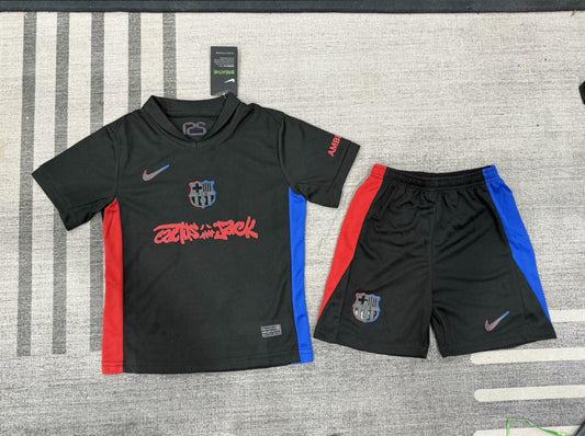 Kids Limited Edition Cactus Jack FC BARCELONA X TRAVIS SCOTT 24/25 Fan Version Away Soccer Jersey (Shirt & Shorts)