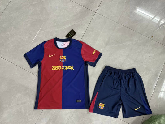 Kids Limited Edition Cactus Jack FC BARCELONA X TRAVIS SCOTT 24/25 Fan Version Home Soccer Jersey (Shirt & Shorts)
