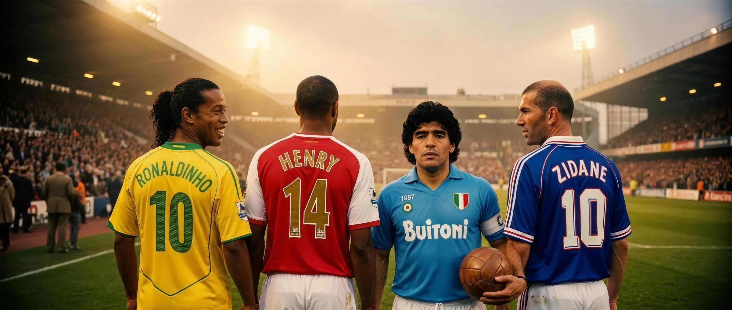 Ronaldinho, Henry, Maradona and Zidane together under vintage stadium floodlights