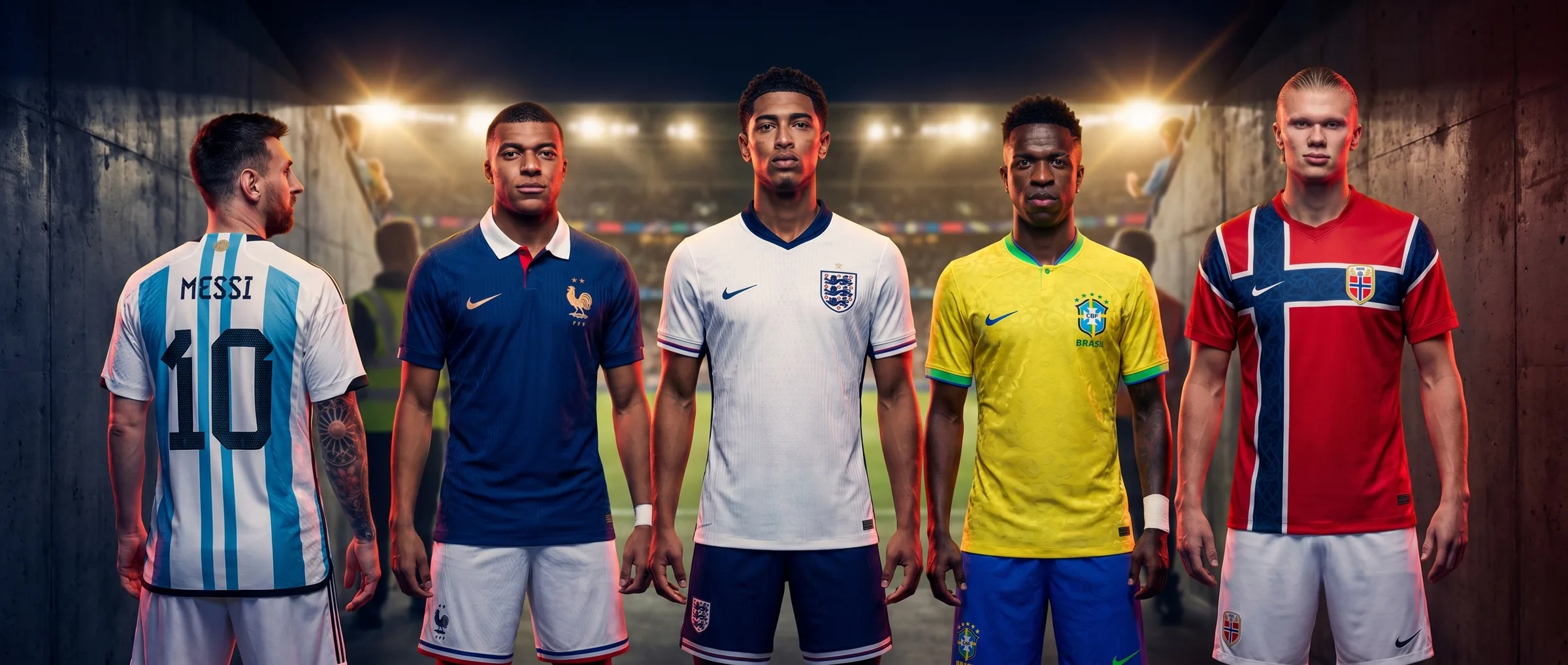 Messi, Mbappé, Bellingham, Vinicius Jr and Haaland in their World Cup 2026 national team jerseys