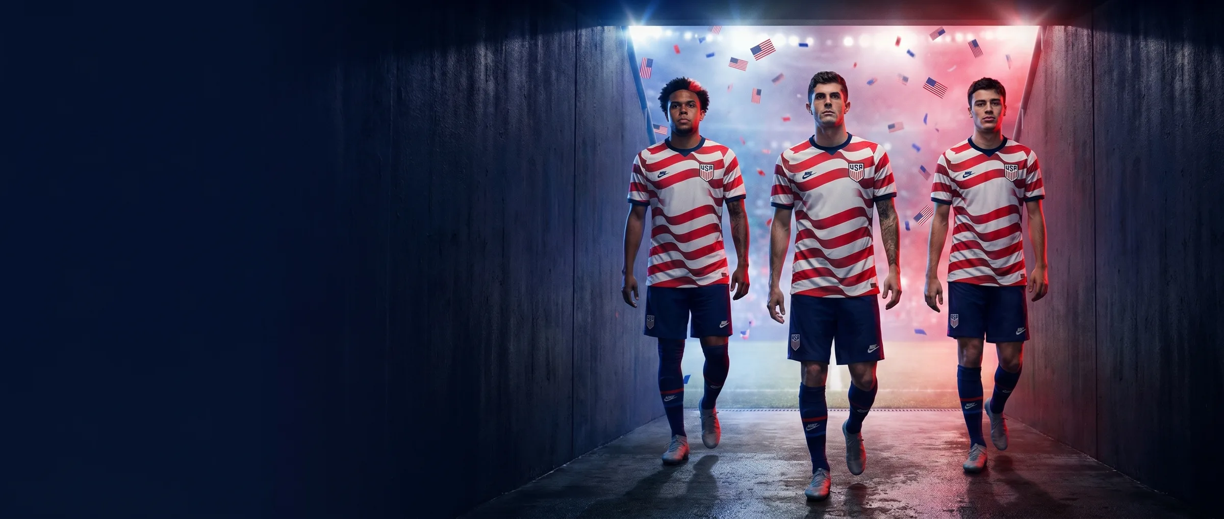 USMNT stars walking out of the stadium tunnel in the USA World Cup 2026 home jersey